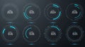 Eight futuristic digital circular indicators with varying blue progress bars showing different time values on a dark background Royalty Free Stock Photo