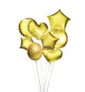 Eight golden balloons in the shapes of a ball, hearts and stars isolated on white background. 3D rendering