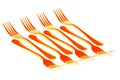 Eight golden forks on white background with abstract reflections