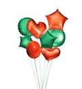 Eight green and red balloons in the shapes of a ball, hearts and stars isolated on white background. 3D rendering