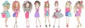 Eight hand drawn beautiful cute cartoon summer fasshion girls. Royalty Free Stock Photo