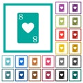 Eight of hearts card flat color icons with quadrant frames