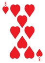 The eight of hearts card in a regular 52 card poker playing deck