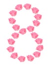 The eight is made up of tulips. Pink flowers on a white background. Flower arrangement for women`s day