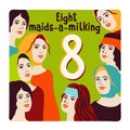 Eight maids-a-milking. Twelve days of Christmas.. Vector illustration