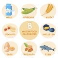 Eight major food allergens. Allergy set. Vector illustration Royalty Free Stock Photo