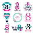 Eight march badges. International Womens Day congratulations, 8 logo and happy woman badge greeting card vector