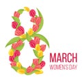 Eight march design with 8 from tulip flowers on white background for greeting card