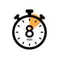 eight minutes stopwatch icon, timer symbol, cooking time, cosmetic or chemical application time, 8 min waiting time