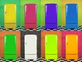 Eight old multi-colored fridges on different backgrounds