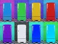 Eight old multi-colored fridges on different backgrounds