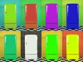 Eight old multi-colored fridges on different backgrounds