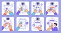 Eight panels depict AI-driven processes, featuring cartoon hands interacting with Royalty Free Stock Photo