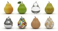 Eight pears with different textures and colors arranged on a white surface in two rows of four Royalty Free Stock Photo