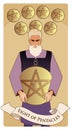 Eight of pentacles. Tarot cards. Craftsman man showing the result of his work, eight freshly chiselled golden pentacles