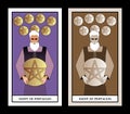 Eight of pentacles. Tarot cards. Craftsman man showing the result of his work, eight freshly chiselled golden pentacles