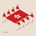 Eight people hold big flag of Hong Kong.