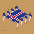 Eight people hold big flag of Iceland. 3D isometric standard bearers. Icelandic sport team.