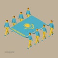 Eight people hold big flag of Kazakhstan. 3D isometric standard bearers. Kazakh sport team.