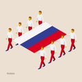 Eight people hold big flag of Russia