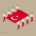 Eight people hold big flag of Turkey. 3D isometric standard bearers. Turkish sport team.