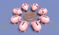 Eight piggy banks surrounded the gold dollar coin. 3d rendering