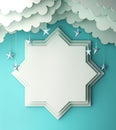 Eight point star paper cut, cloud, star on blue pastel background copy space text.