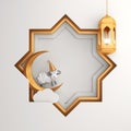 Eight point star paper cut and gold hanging lamp, crescent moon, cartoon sheep on white background.