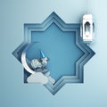 Eight point star paper cut and hanging lamp, crescent moon, cartoon sheep on blue pastel background.