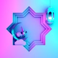 Eight point star paper cut and hanging lamp, crescent moon, cartoon sheep on blue pink gradient background. Royalty Free Stock Photo