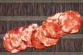 Eight Pork Salami Slices Set On Vintage Rustic Interlaced Parchment Place Mat Rough Grunge Surface