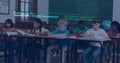 Eight school children solving math in classroom, with chalkboard equations, code overlay and globe Royalty Free Stock Photo