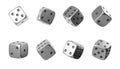 Eight silver dice in half turn showing different numbers on white background