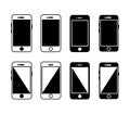 Eight smartphones with black and white diagonal screen split mobile phone diagonal split Royalty Free Stock Photo