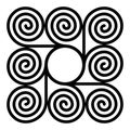 Eight spirals around circle forming square shaped pattern