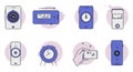 Eight stylized illustrations depict various electronic devices with circular dials and Royalty Free Stock Photo