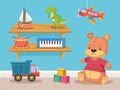 eight toys in shelfs Royalty Free Stock Photo