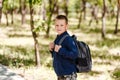 Eight-year-old schoolboy with a large backpack