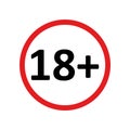 Eighteen plus age limit red round icon vector eps10 on white background.