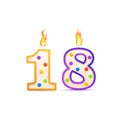 Eighteen years anniversary, 18 number shaped birthday candle with fire on white