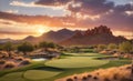The eighteenth hole on an Arizona golf course at sunset.