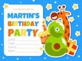 Eighth Birthday party invitation card. Birthday anniversary number with cute fox animal and space for text vector