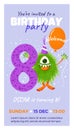 Eighth birthday party invitation with monster.