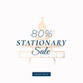 Eighty Percent Stationary Autumn Sale. Abstract Vector Label, Sign or Card Template. Hand Drawn Golden Pen, Compas and