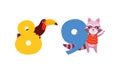 Eigth and Nine Numbers with Cute Toucan and Raccoon, Birthday Anniversary Numerals with Funny Animal and Bird Cartoon