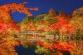 Eikando Zenrinji Temple and wooden bridge with red maple leaves or fall foliage in autumn season. Colorful trees, Kyoto, Japan. Royalty Free Stock Photo