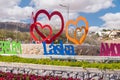 View of Love roundabout in Eilat. Close-up of love word in Czech language and heart`s