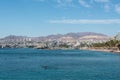 Cityscape and sunny beach of Eilat - famous resort and recreation city in Israel