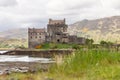 Scottish heritage epitomized by Eilean Donan Castle against a backdrop of mountains, lush grasses, and reflective loch Royalty Free Stock Photo