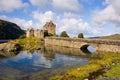 Eilean Donan castle and bridge from scenic lookout Scotland, cloudy sky